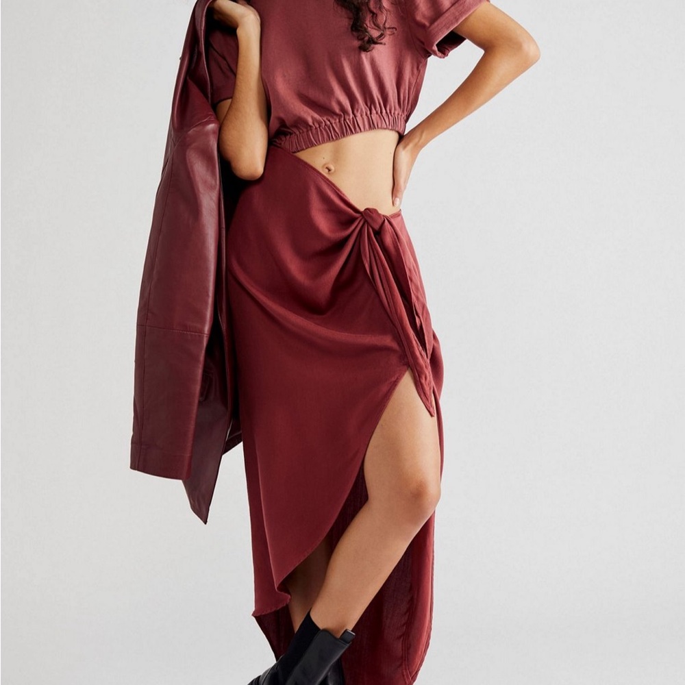 Free People Rae Maxi Dress Women’s Twist-Front Midi Skirt in Deep Burgundy